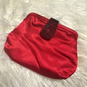 Small red satin beaded clutch